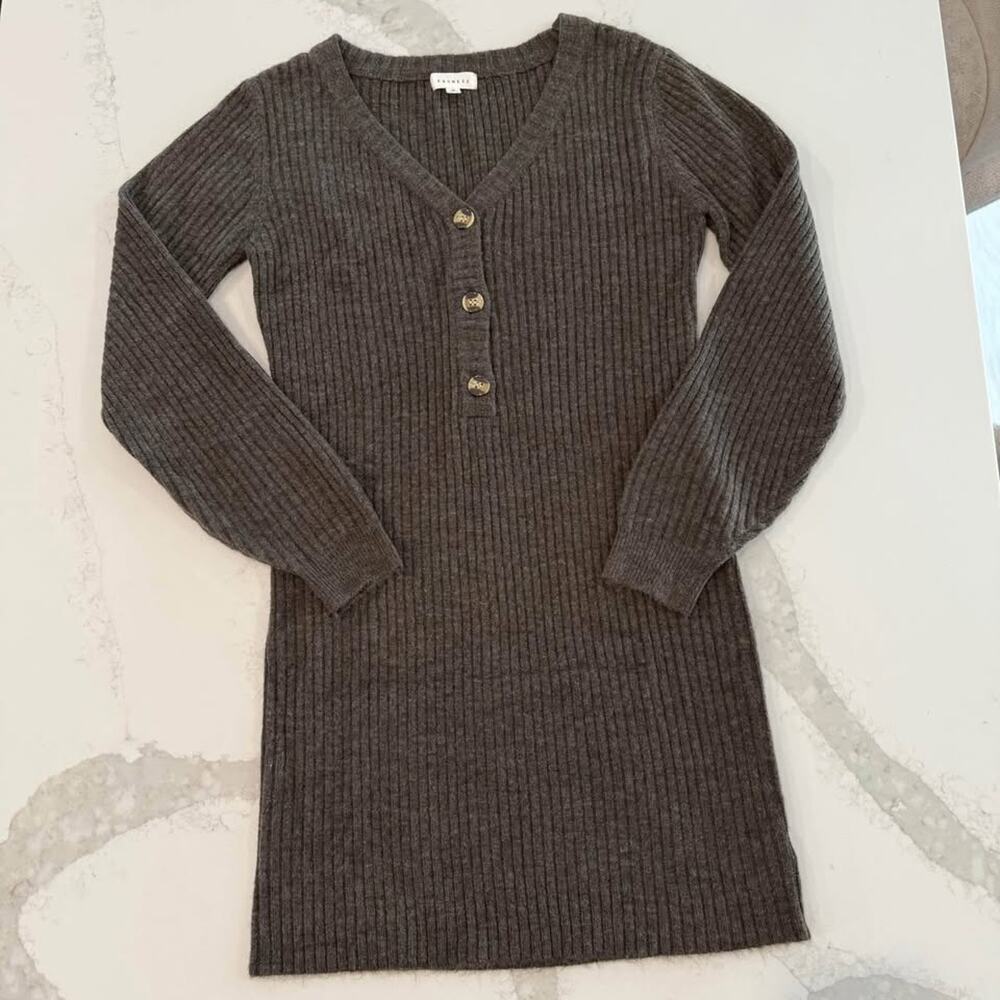 Promesa Ribbed VNeck Henley PuffSleeve Sweater Bodycon Dress Womens Small Brown